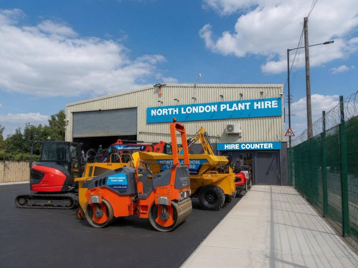 NLPH Brimsdown depot yard with excavators, rollers and dumpers outside the hire counter