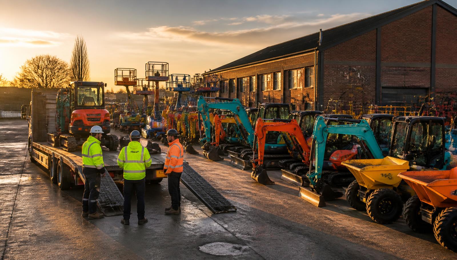 North London Plant Hire depot yard with excavators, dumpers and staff loading a delivery lorry