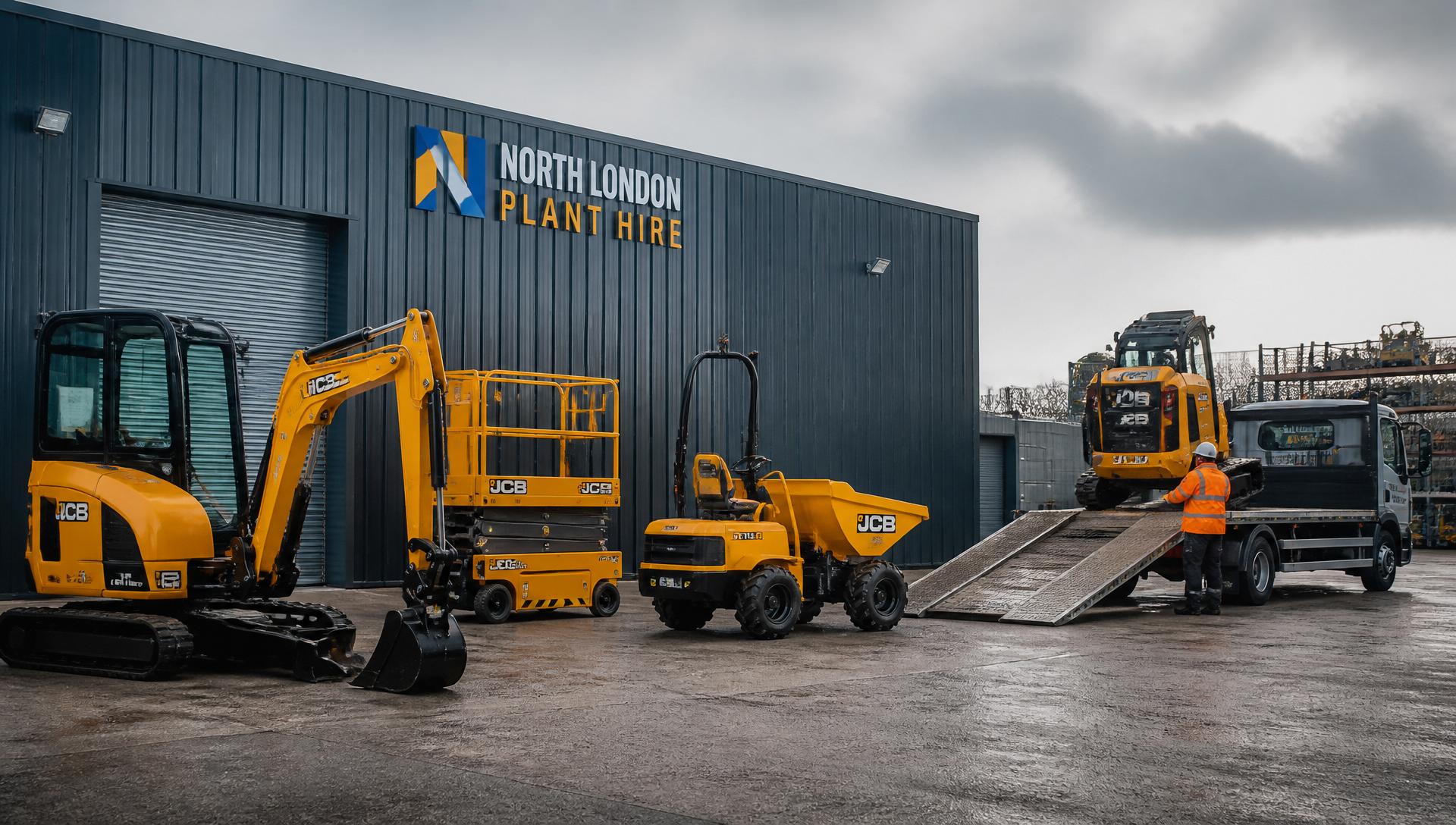 North London Plant Hire depot with machinery being loaded for delivery