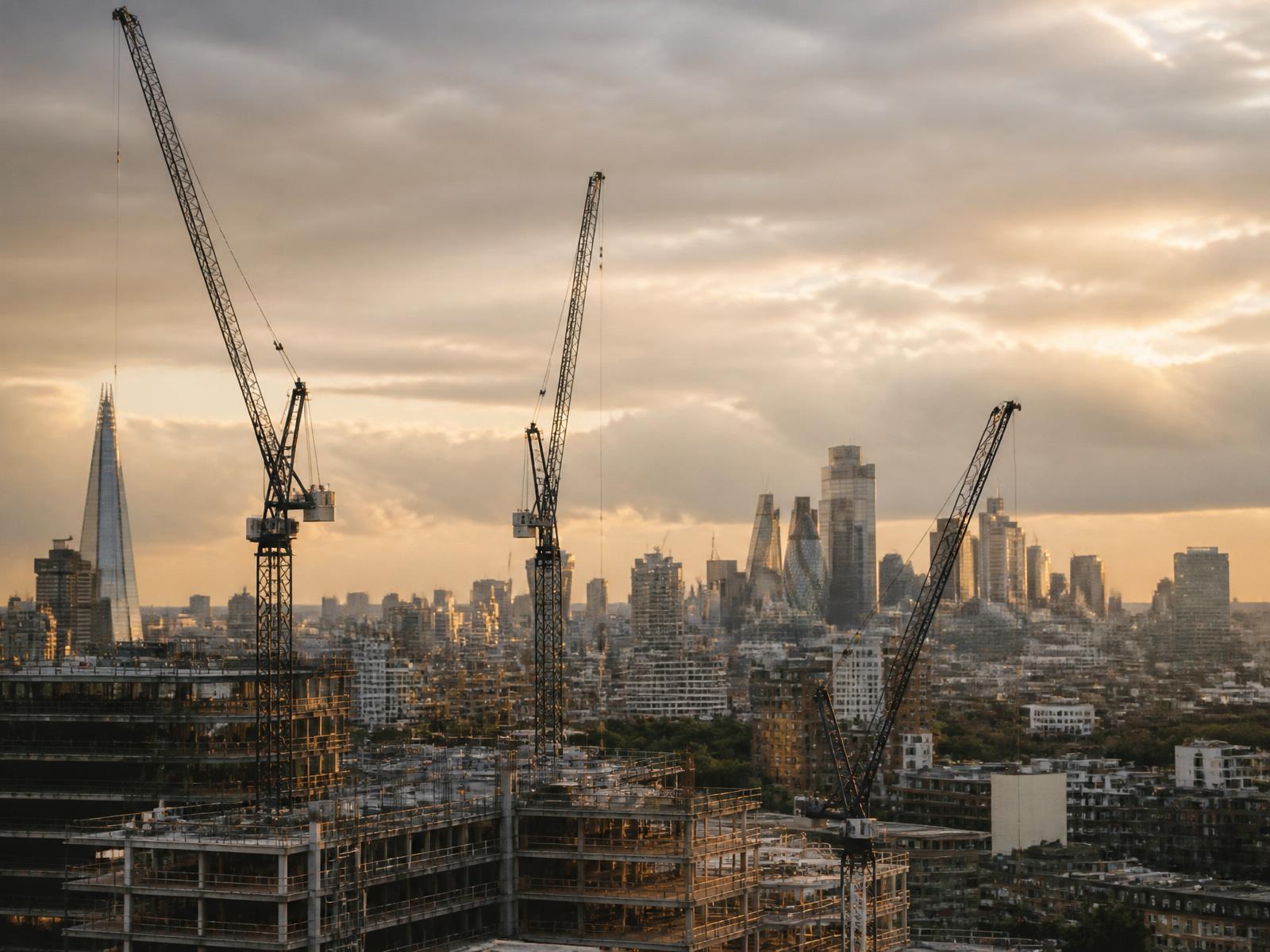 London skyline with construction cranes over commercial developments — the projects NLPH has supplied for over a century