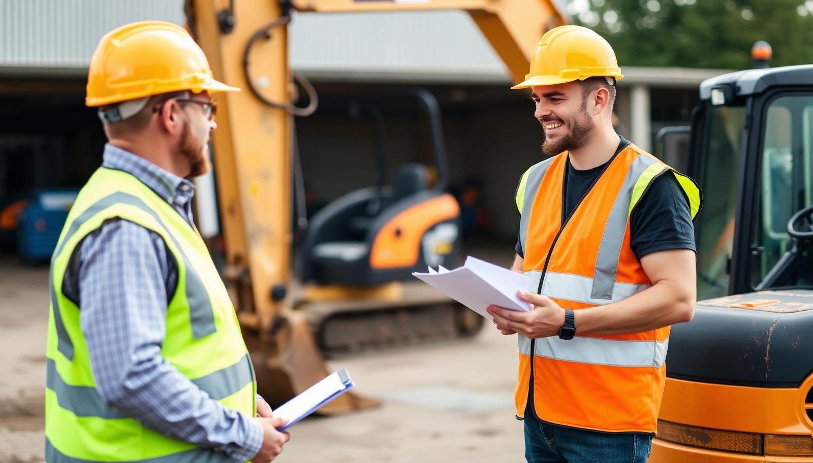 North London Plant Hire team member helping a customer beside a compact excavator in the depot yard